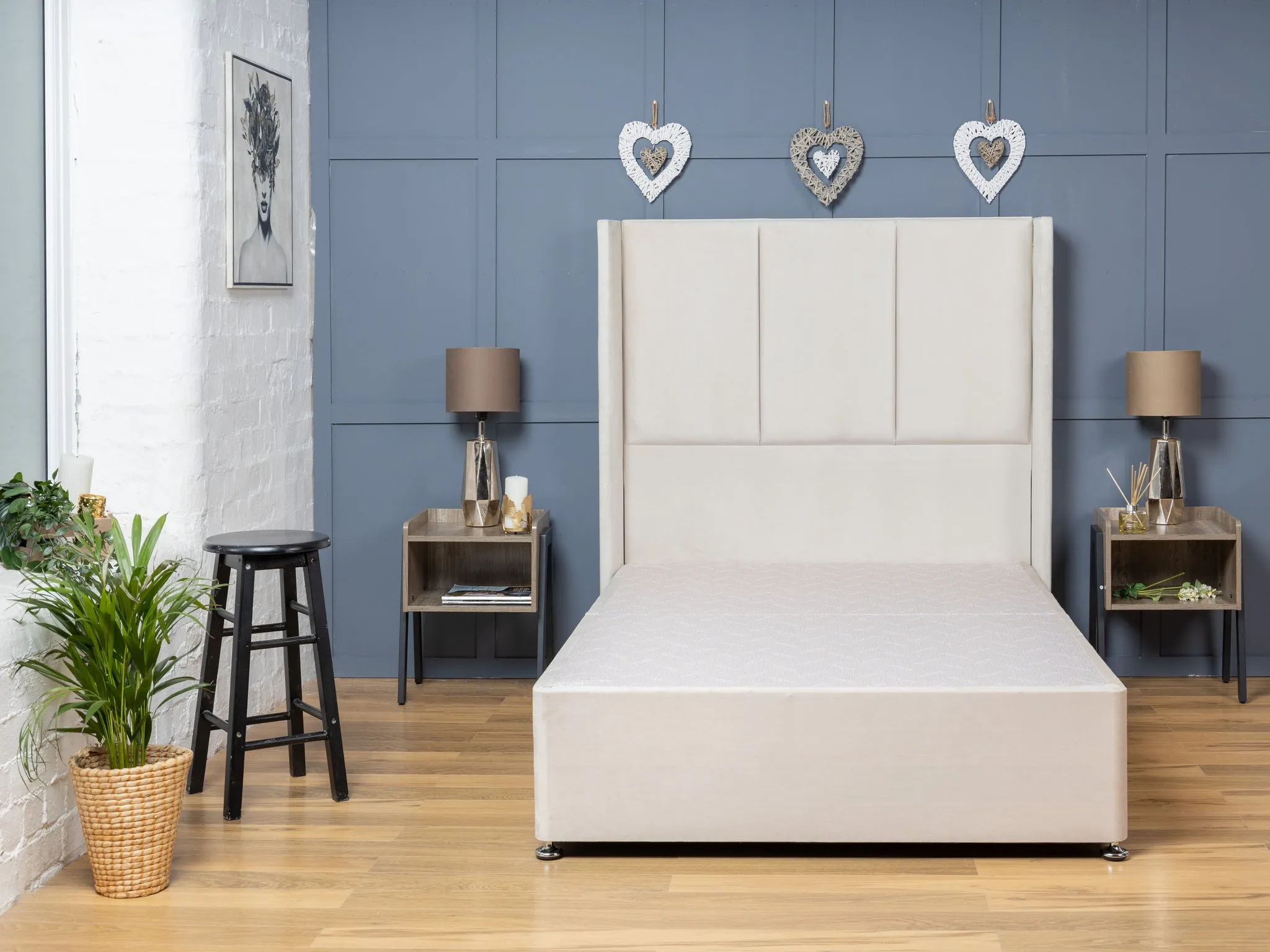 3 Panel Divan Bed Set With Mattress Options And Floorstanding Winged Headboard