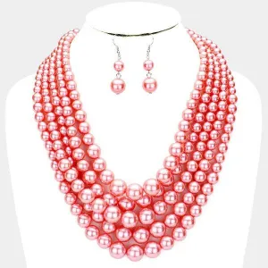5 Strand Pearl (faux) Pink Necklace & Earring Set