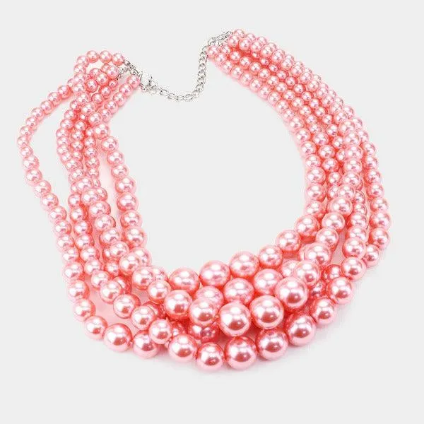 5 Strand Pearl (faux) Pink Necklace & Earring Set