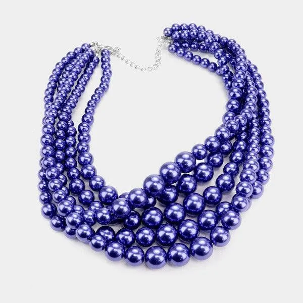 5 Strand Pearl (faux) Royal Blue Necklace & Earring Set