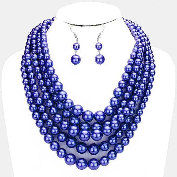 5 Strand Pearl (faux) Royal Blue Necklace & Earring Set