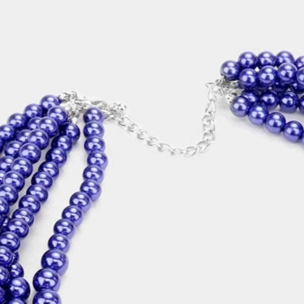 5 Strand Pearl (faux) Royal Blue Necklace & Earring Set
