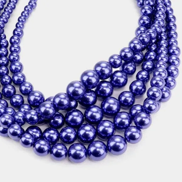 5 Strand Pearl (faux) Royal Blue Necklace & Earring Set