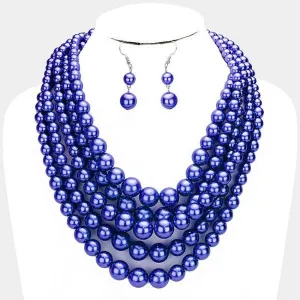 5 Strand Pearl (faux) Royal Blue Necklace & Earring Set