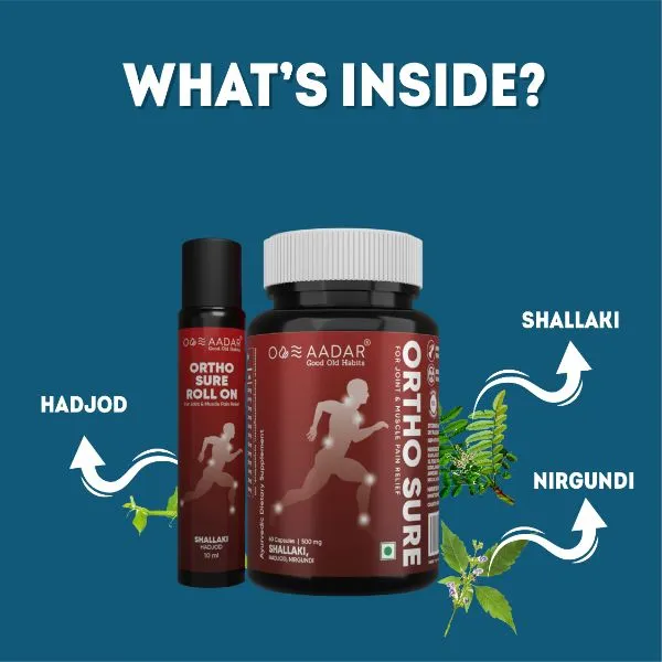 AADAR Ayurveda Ortho Sure Capsule and Roll On Combo Pack for joint, knee, muscle pain relief <br> (60 Caps   10ml)