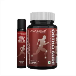 AADAR Ayurveda Ortho Sure Capsule and Roll On Combo Pack for joint, knee, muscle pain relief <br> (60 Caps   10ml)