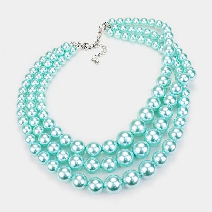 Aqua Blue Pearl (faux) Triple Strand Necklace & Earring Set
