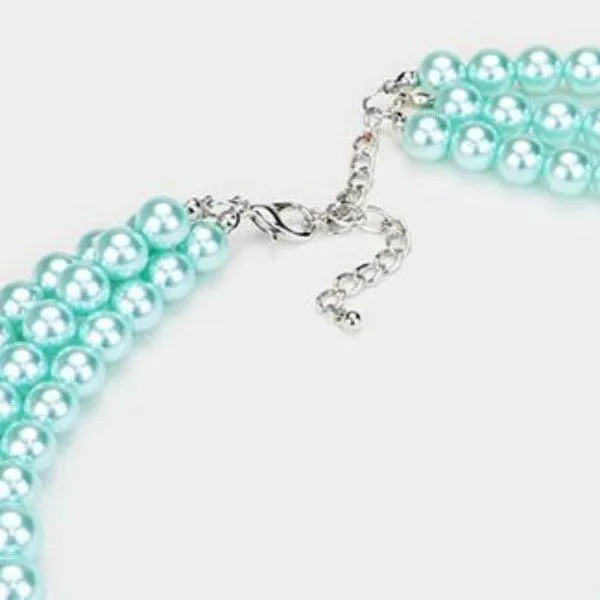 Aqua Blue Pearl (faux) Triple Strand Necklace & Earring Set
