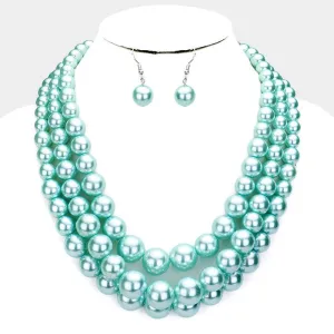 Aqua Blue Pearl (faux) Triple Strand Necklace & Earring Set