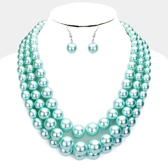 Aqua Blue Pearl (faux) Triple Strand Necklace & Earring Set