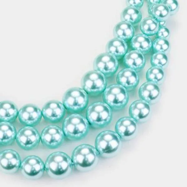 Aqua Blue Pearl (faux) Triple Strand Necklace & Earring Set