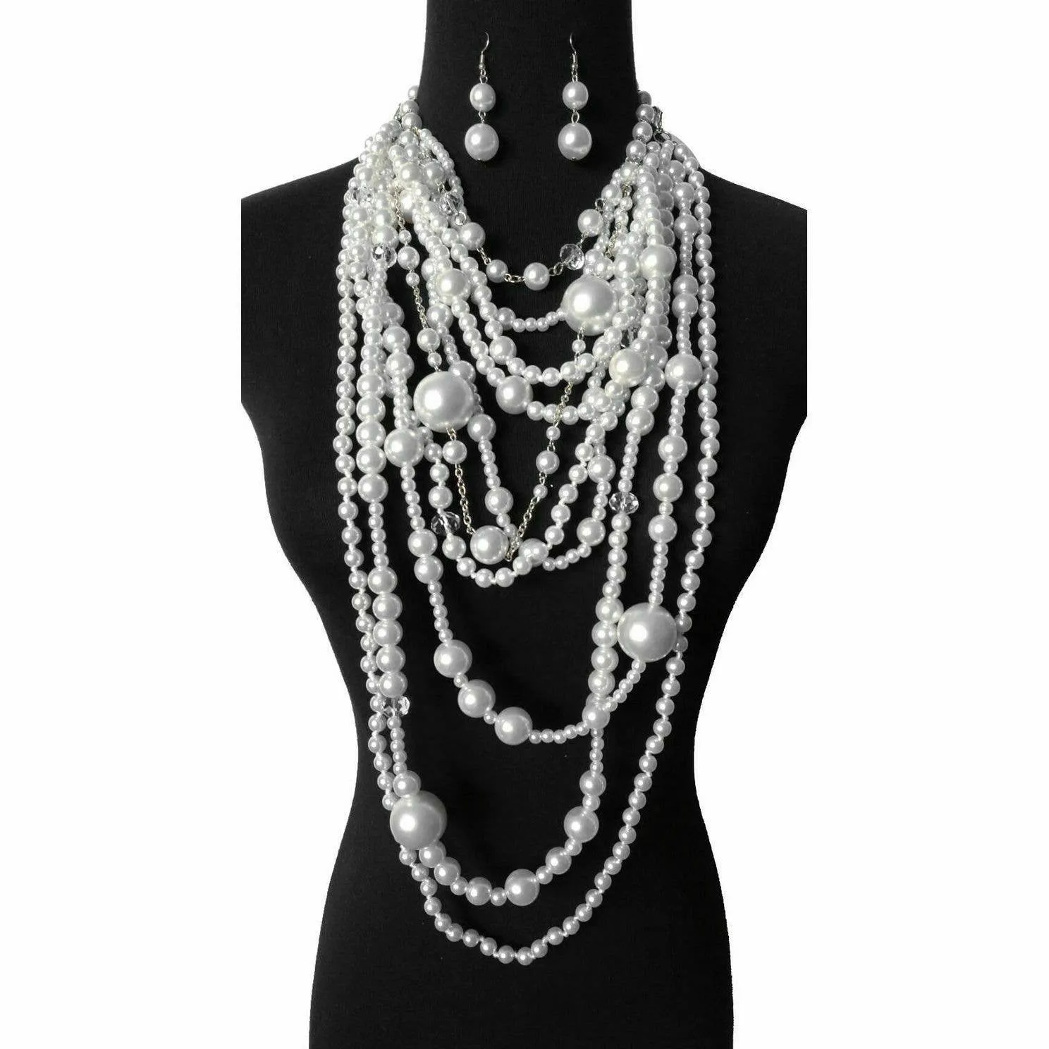 Chunky Multi-Layered Pearls Statement Necklace Set: Ivory