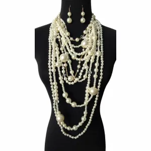 Chunky Multi-Layered Pearls Statement Necklace Set: Ivory