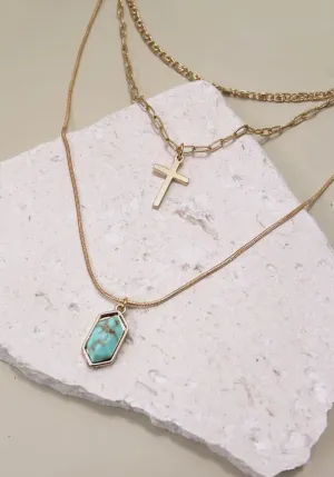 Cross Stone Multi Layer Chain Necklace
