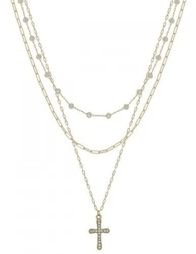Crystal Bead   Gold Pave Cross Multi Layer Necklace
