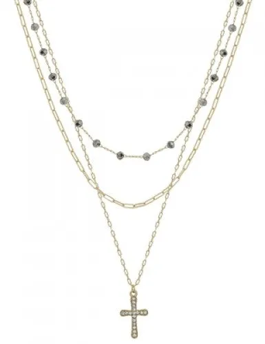 Crystal Bead   Gold Pave Cross Multi Layer Necklace