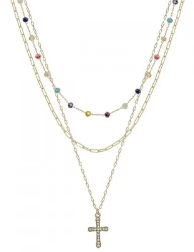 Crystal Bead   Gold Pave Cross Multi Layer Necklace