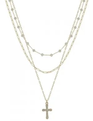 Crystal Bead   Gold Pave Cross Multi Layer Necklace