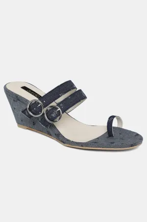 Denim Blue Almond Toe Floral Print Wedge-ZJanet