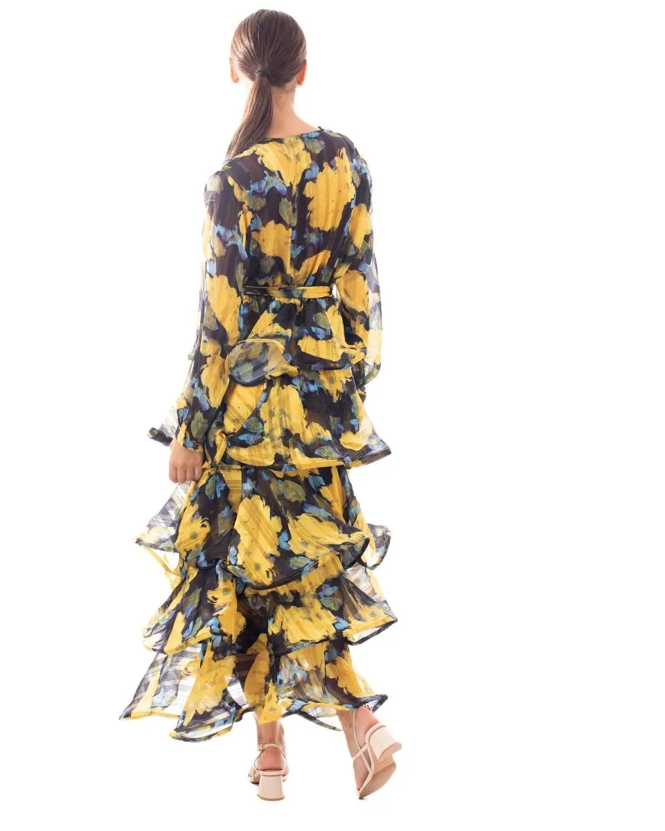 DMB Floral Print Ruffle Multi Layer Hem design Maxi Dress