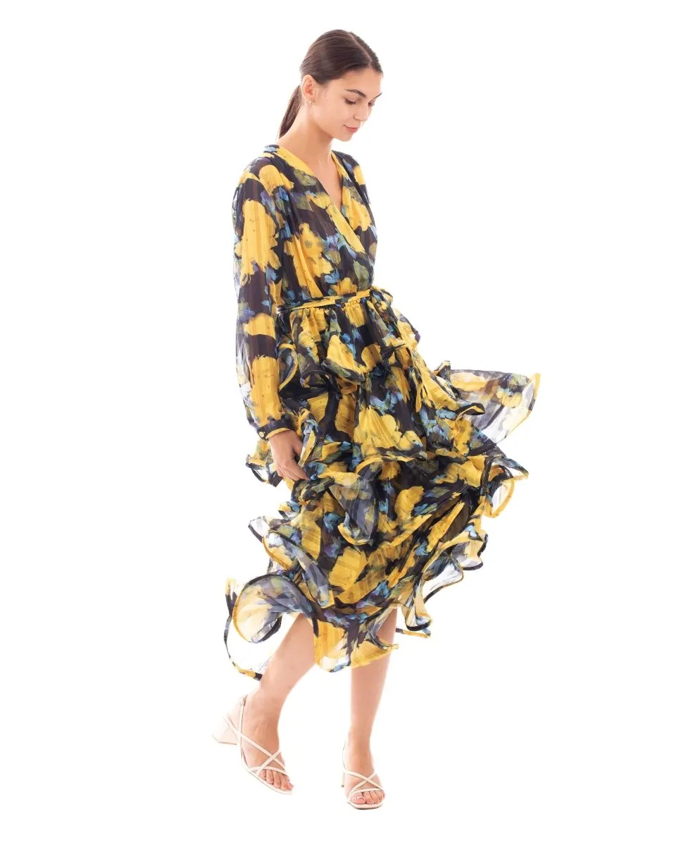 DMB Floral Print Ruffle Multi Layer Hem design Maxi Dress