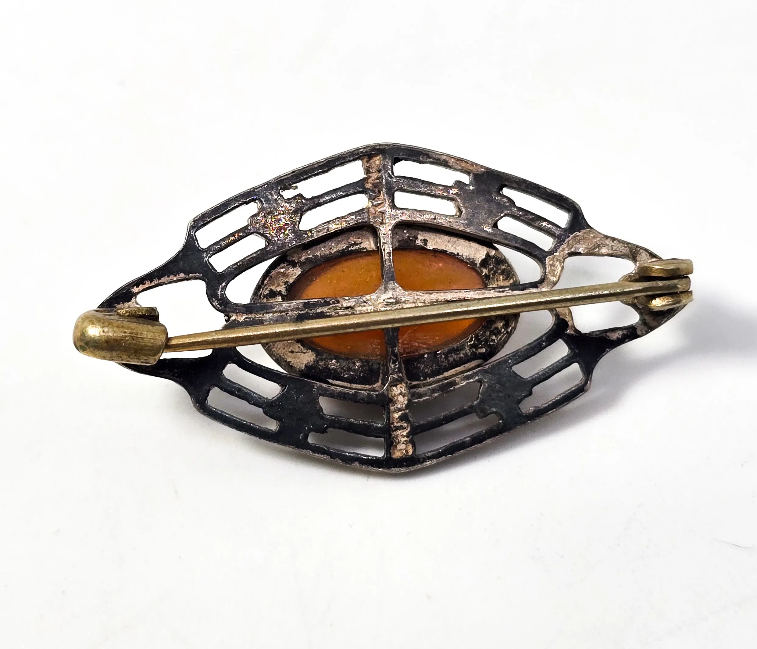 Dragon's Breath glass antique Victorian open work sterling silver brooch pin