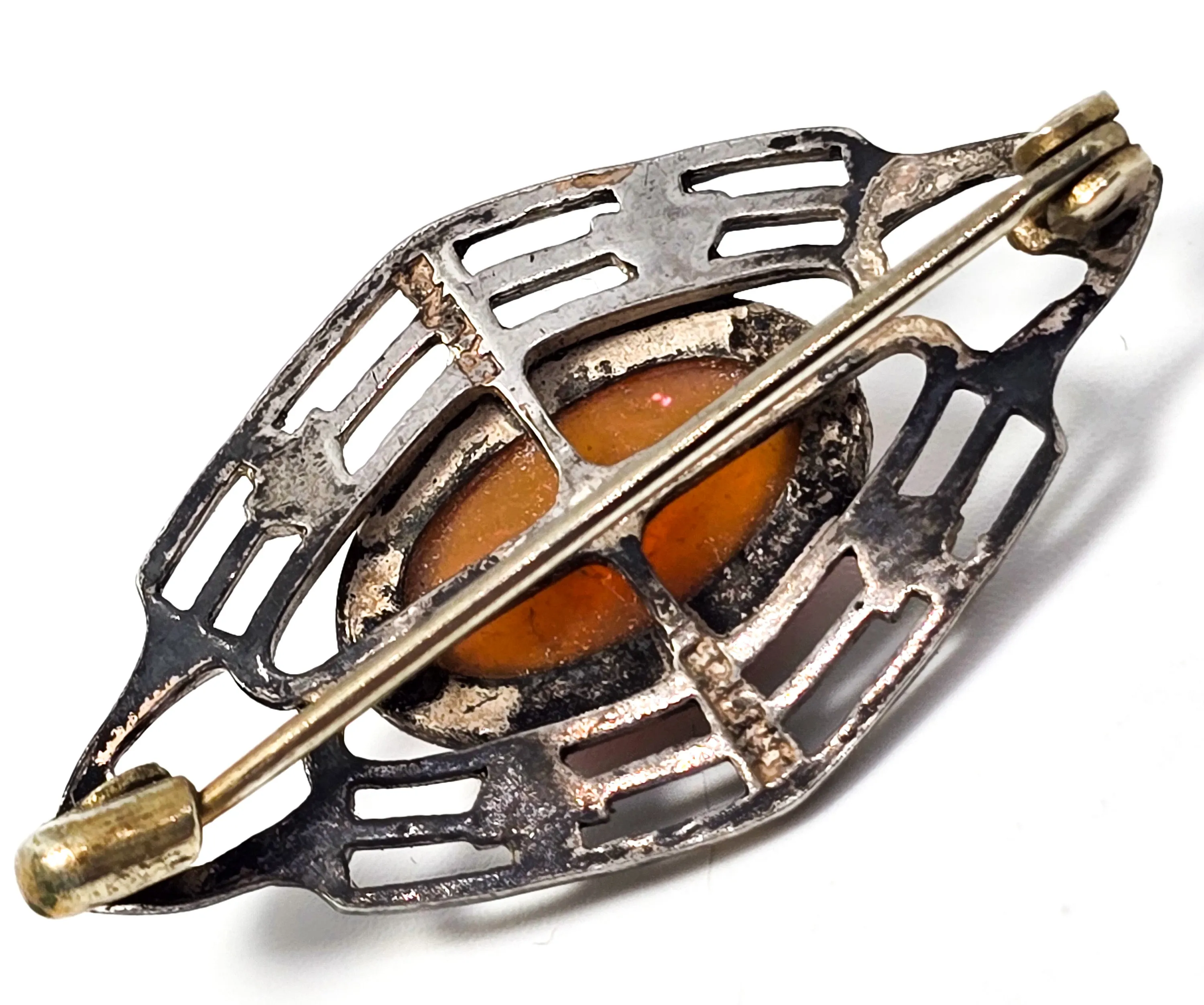 Dragon's Breath glass antique Victorian open work sterling silver brooch pin