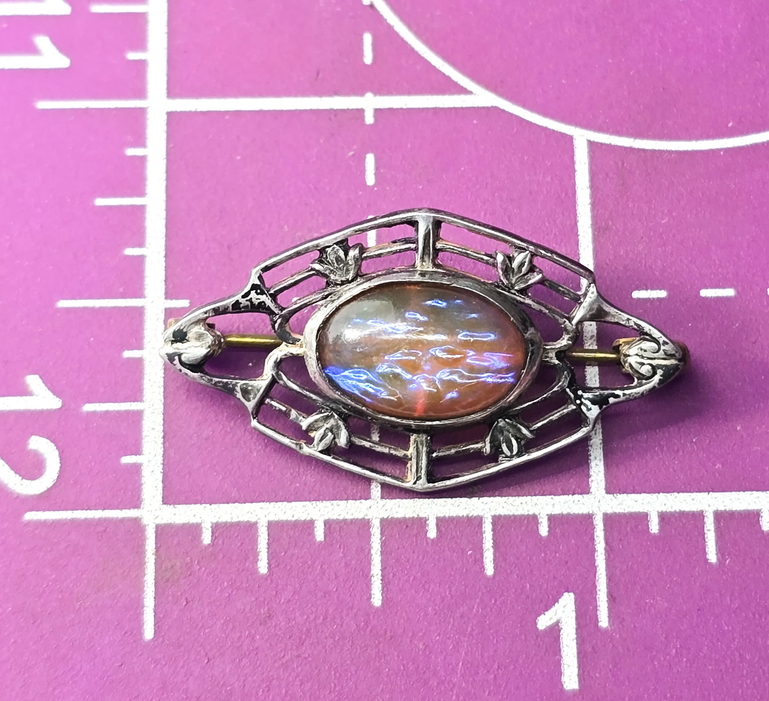 Dragon's Breath glass antique Victorian open work sterling silver brooch pin