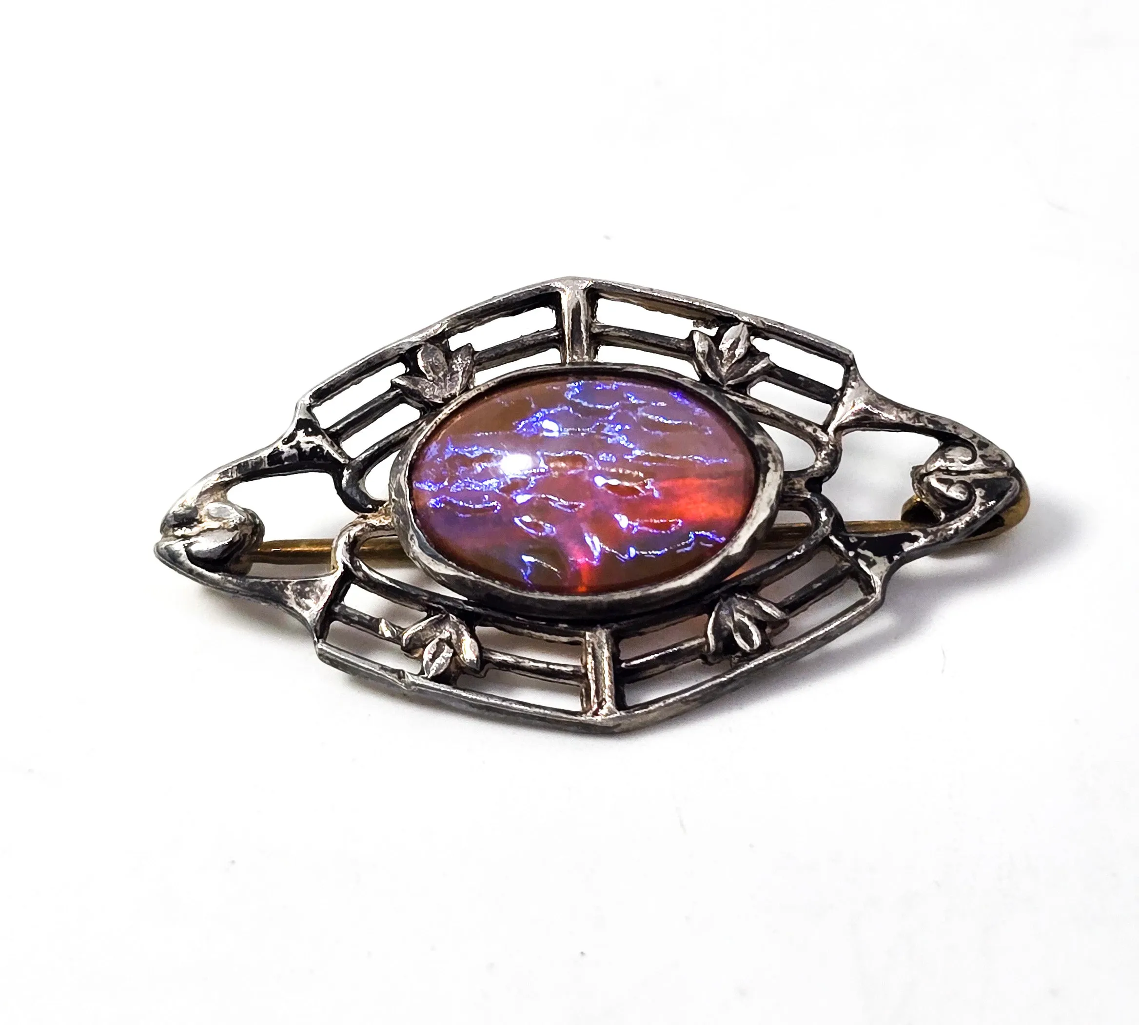 Dragon's Breath glass antique Victorian open work sterling silver brooch pin
