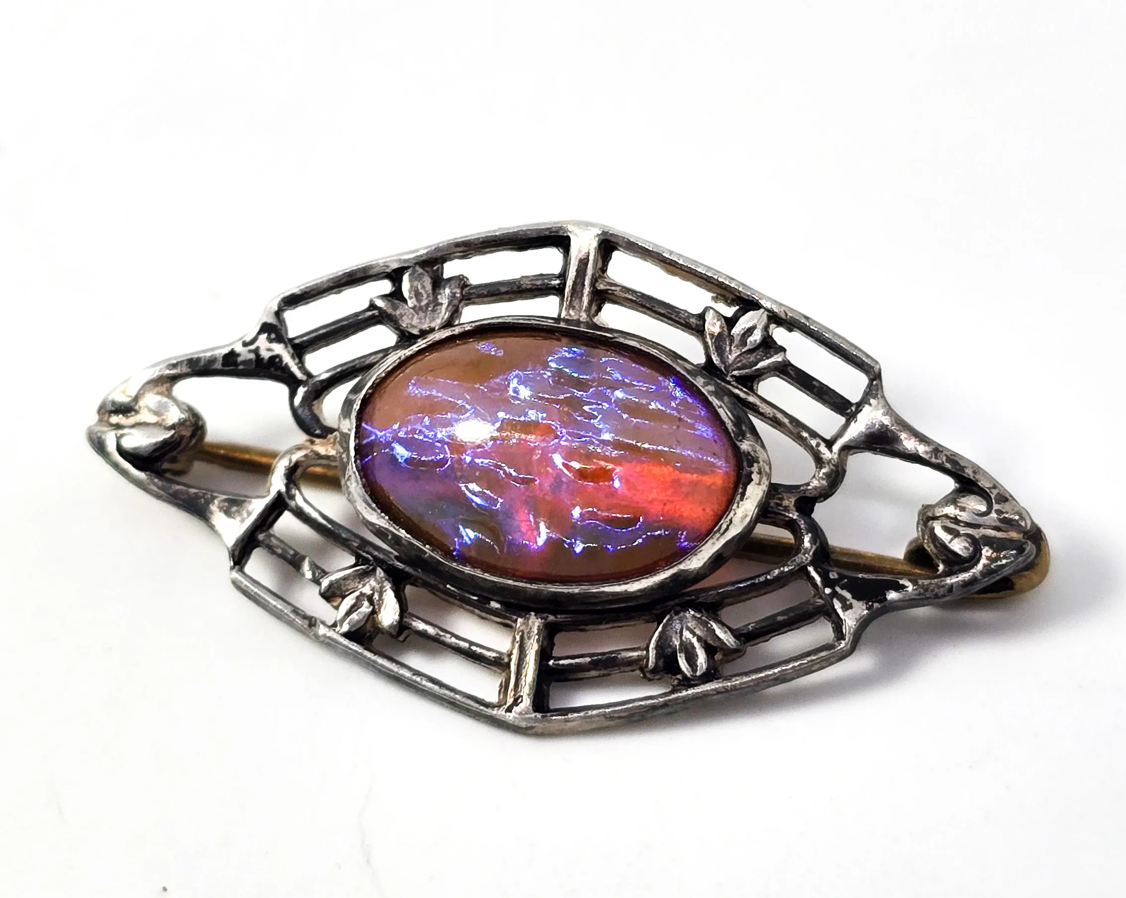Dragon's Breath glass antique Victorian open work sterling silver brooch pin
