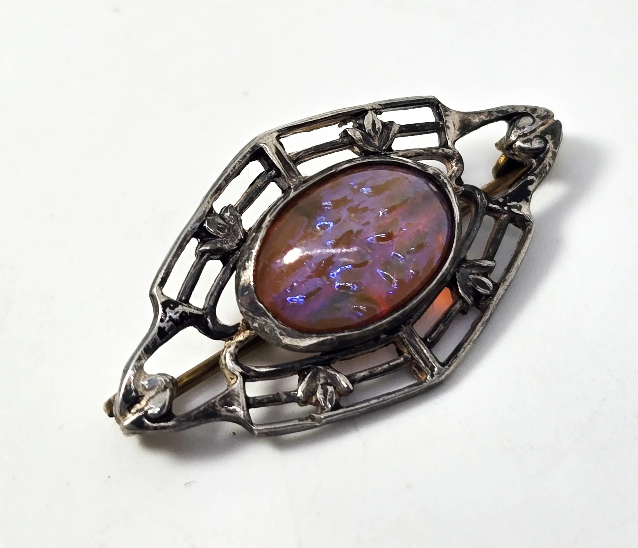 Dragon's Breath glass antique Victorian open work sterling silver brooch pin