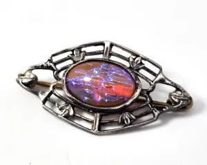 Dragon's Breath glass antique Victorian open work sterling silver brooch pin