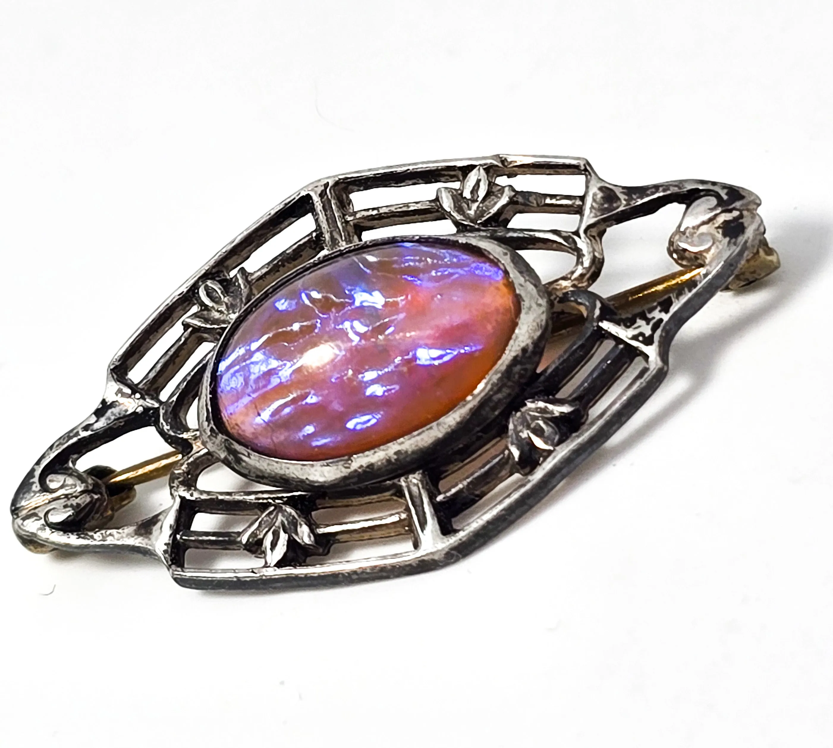 Dragon's Breath glass antique Victorian open work sterling silver brooch pin