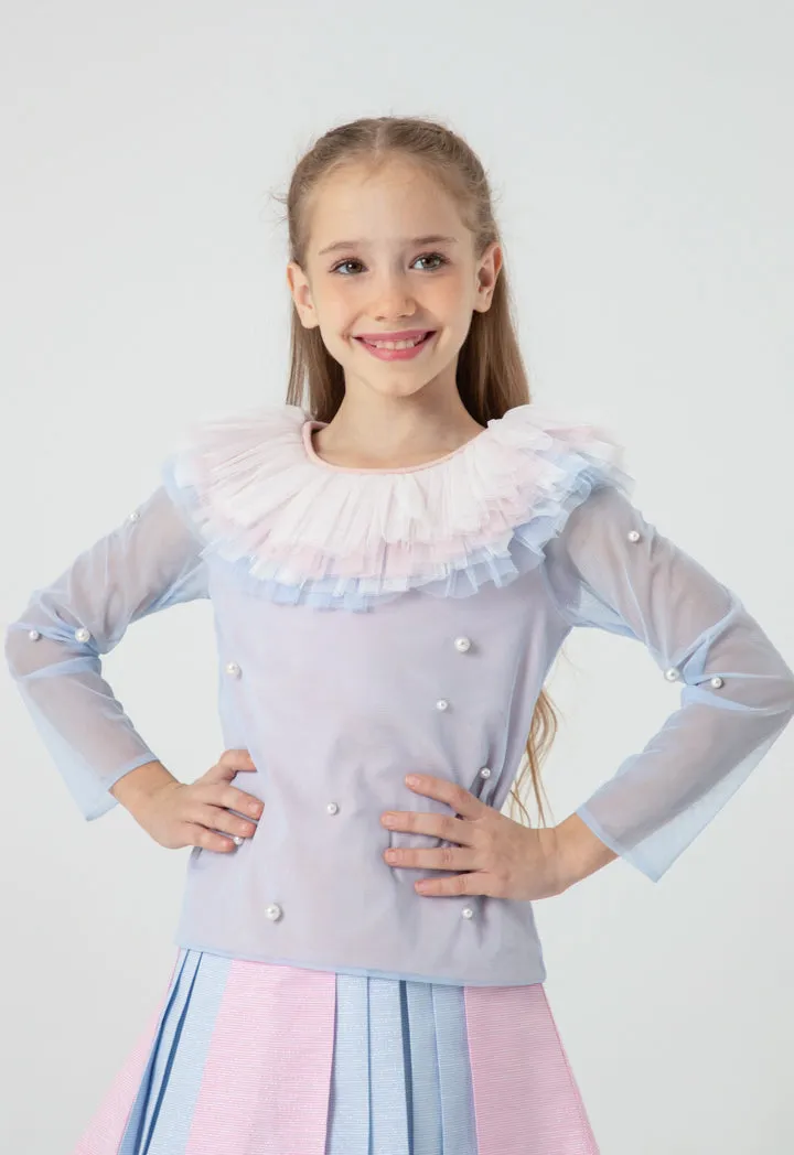 Embellished Pearl Tulle Overlay Blouse