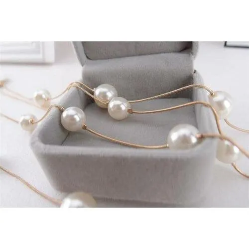 Faux Pearl Multi-layer Long Gold Necklace