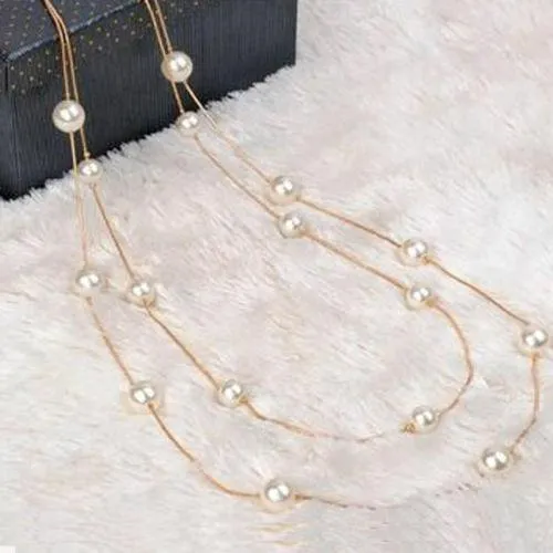 Faux Pearl Multi-layer Long Gold Necklace