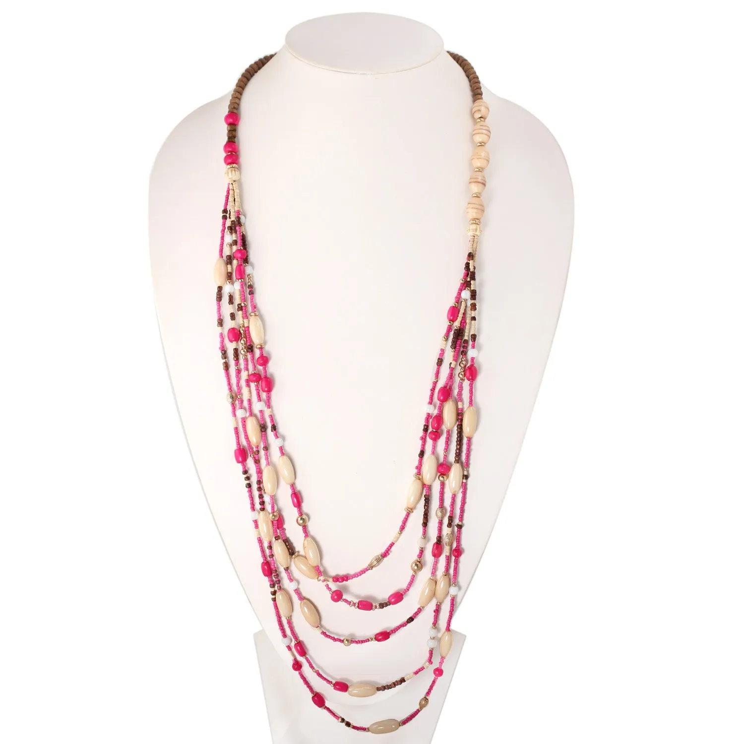 GOLD FUCHSIA CREAM AND WOOD BEADS LAYER NECKLACE #N-D2172 FUCHSIA (DD1-ME16)