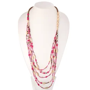 GOLD FUCHSIA CREAM AND WOOD BEADS LAYER NECKLACE #N-D2172 FUCHSIA (DD1-ME16)