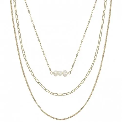 Gold Triple Chain Freshwater Pearl Multi Layer Necklace