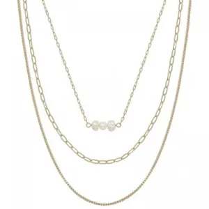 Gold Triple Chain Freshwater Pearl Multi Layer Necklace