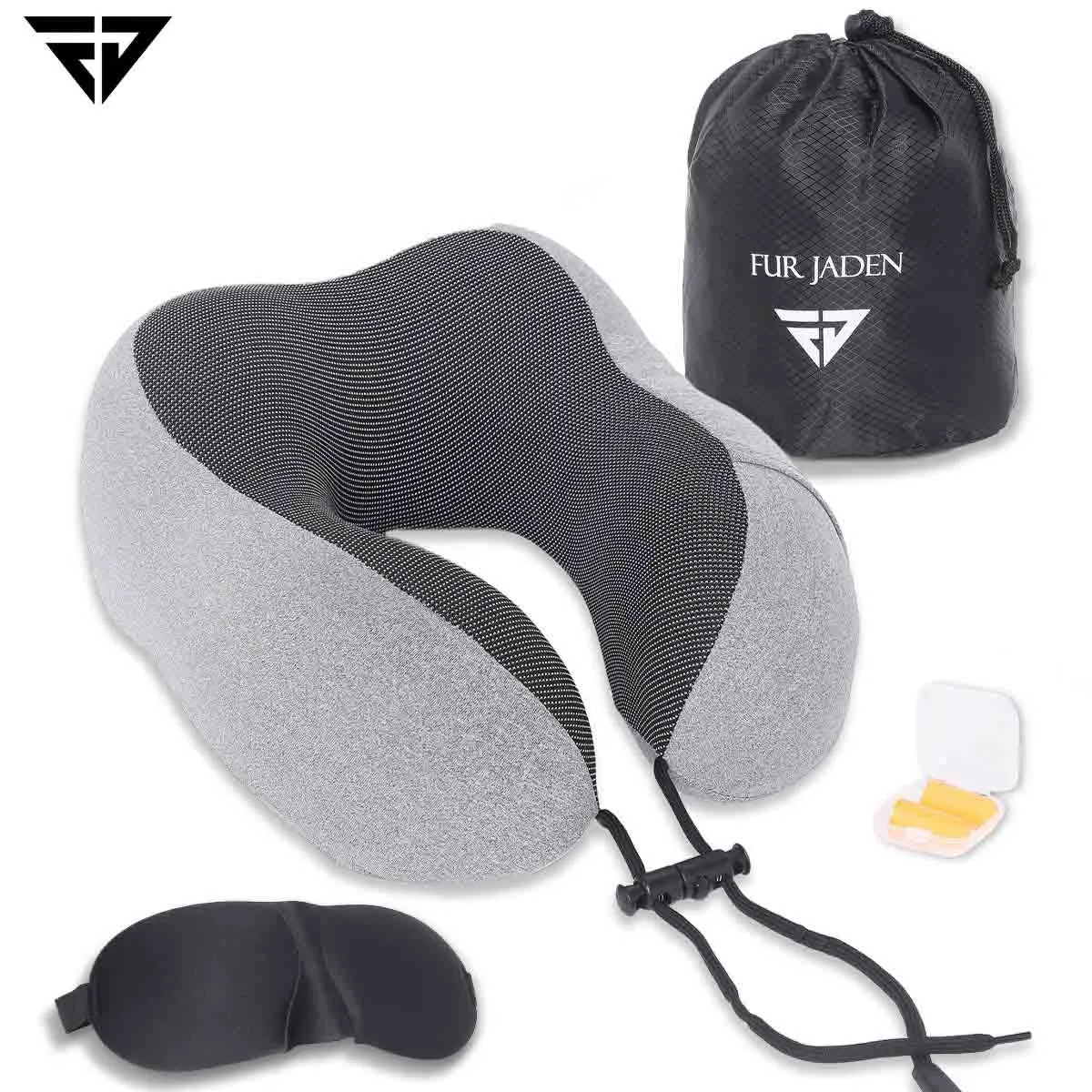 Grey Memory Foam Travel Neck Support Pillow, Eye Mask, Noise Isolating EarPlugs Combo