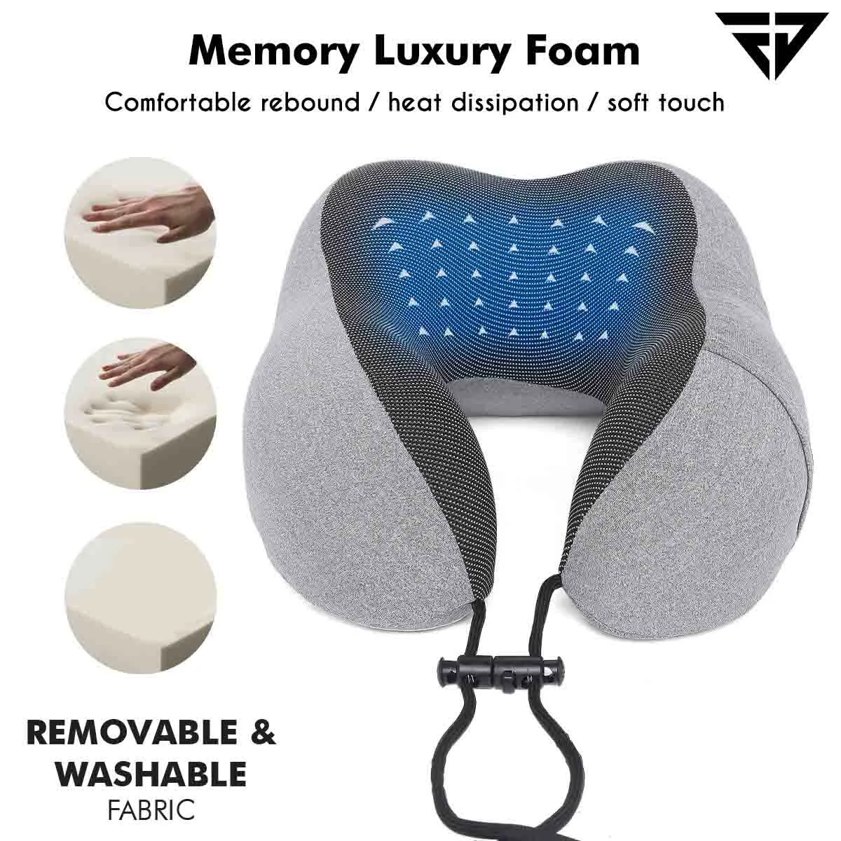 Grey Memory Foam Travel Neck Support Pillow, Eye Mask, Noise Isolating EarPlugs Combo