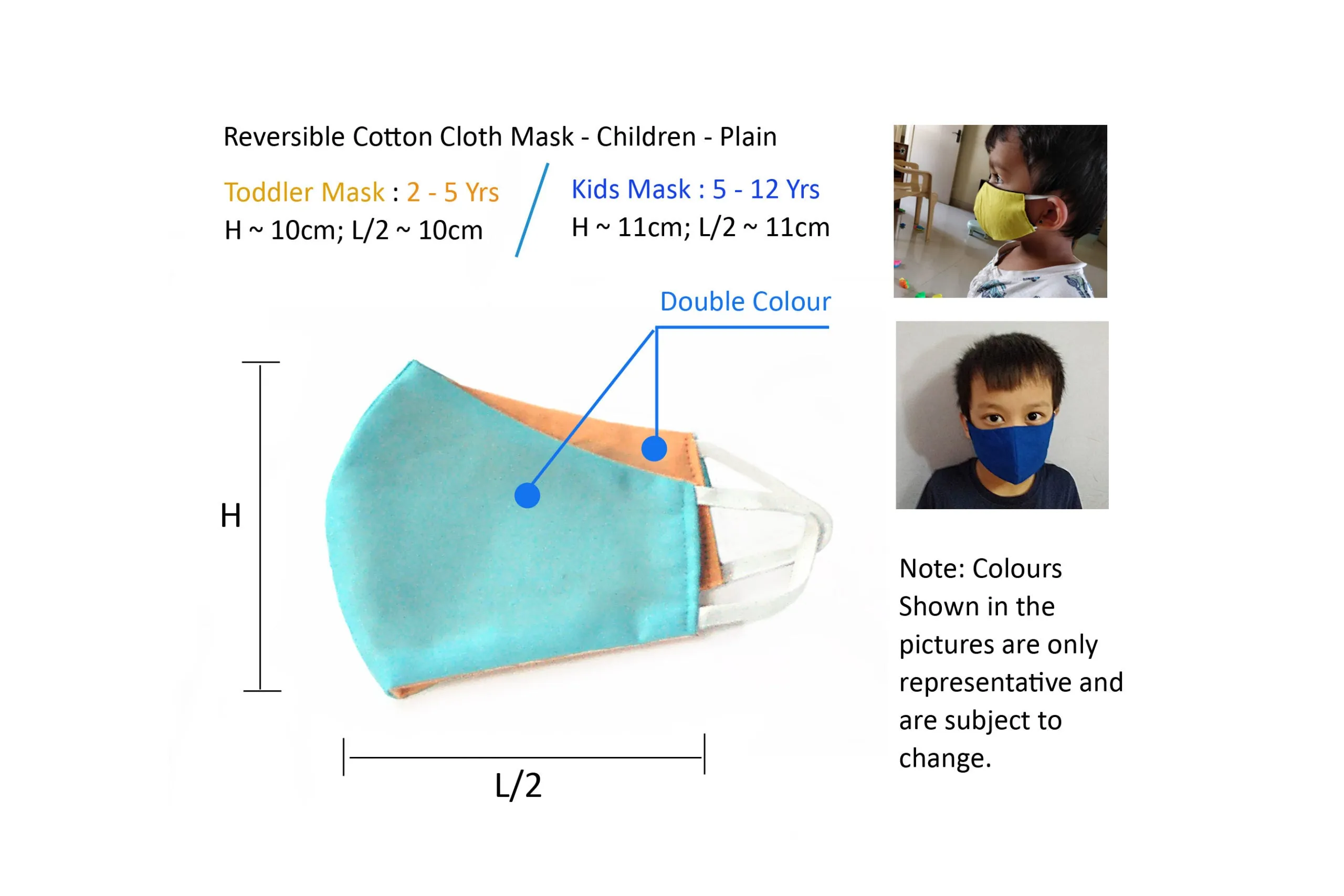 KARUNA-Children's Mask-Plain Color : Reversible Cotton Mask – 3 Layer Construction |  Pack of 3 to 12