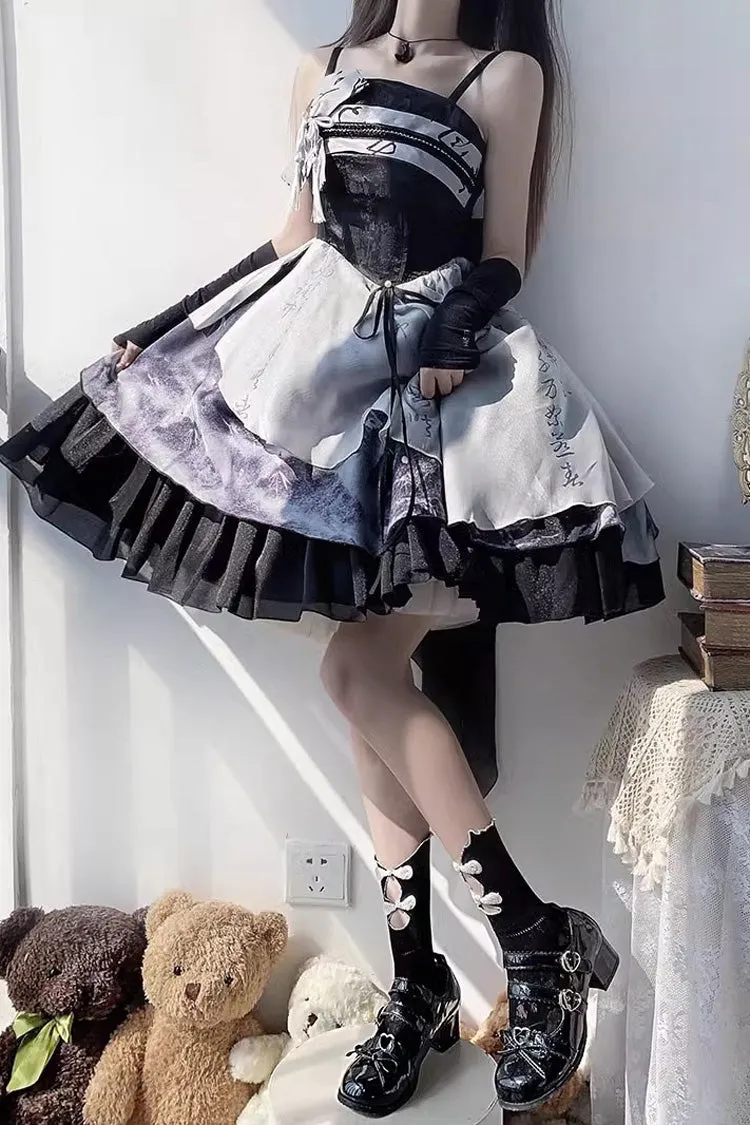Multi-Color Multi-layer Chinese Ink Style Print Ruffle Sweet Lolita Jsk Dress Set