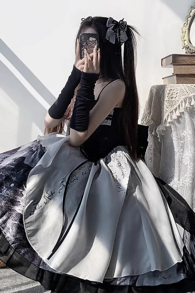 Multi-Color Multi-layer Chinese Ink Style Print Ruffle Sweet Lolita Jsk Dress Set