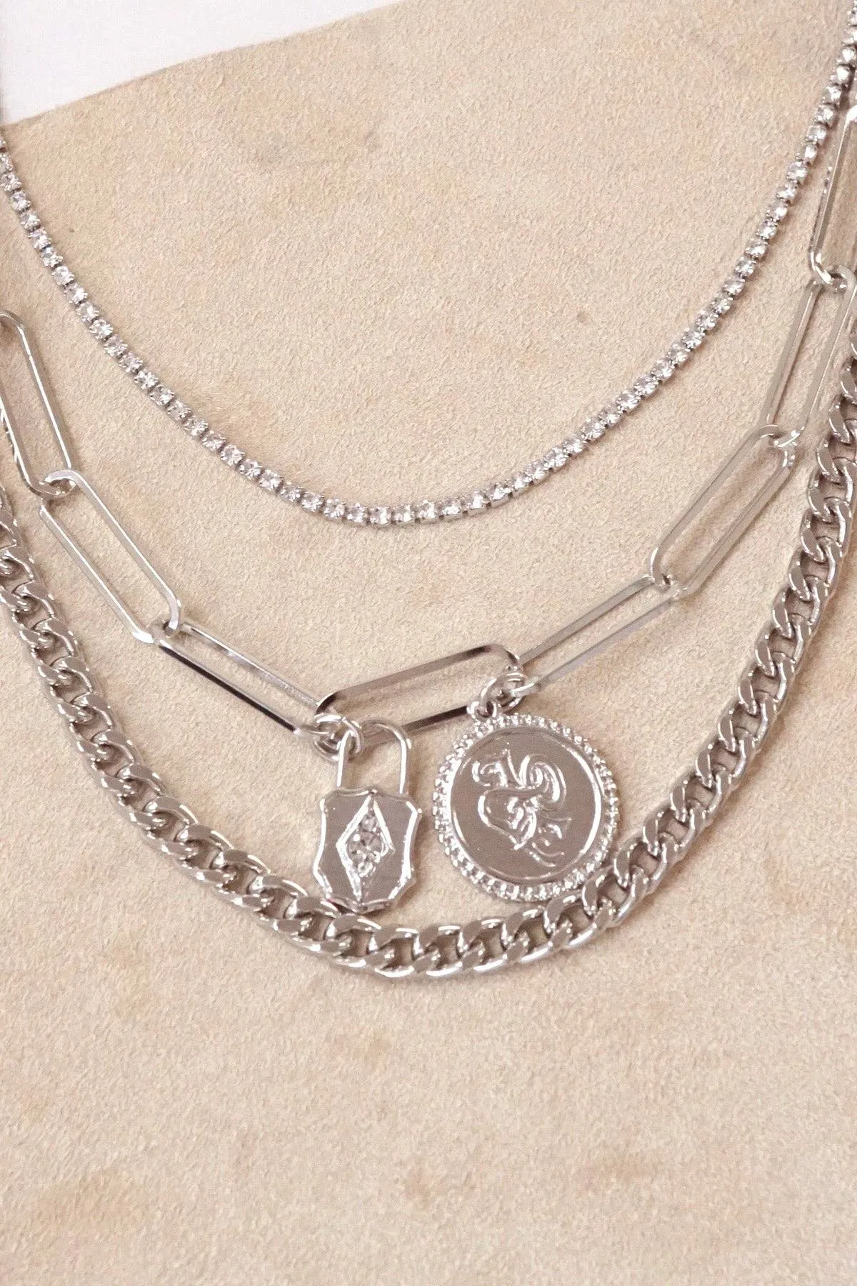 Multi Layer Chain Necklace Silver tone with small pendants