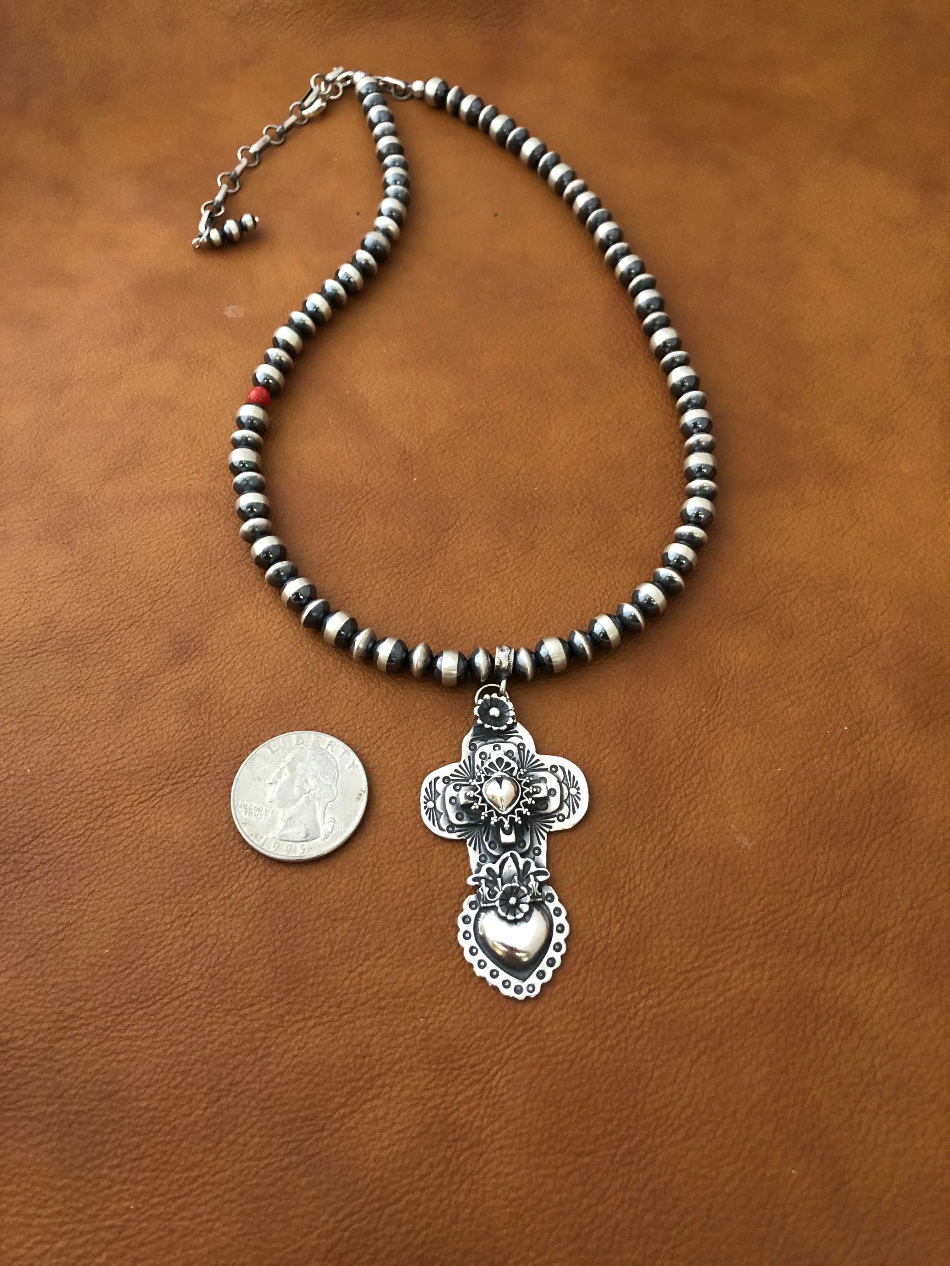 Multi Layer Cross and Heart Pendant on Santa Fe Pearls