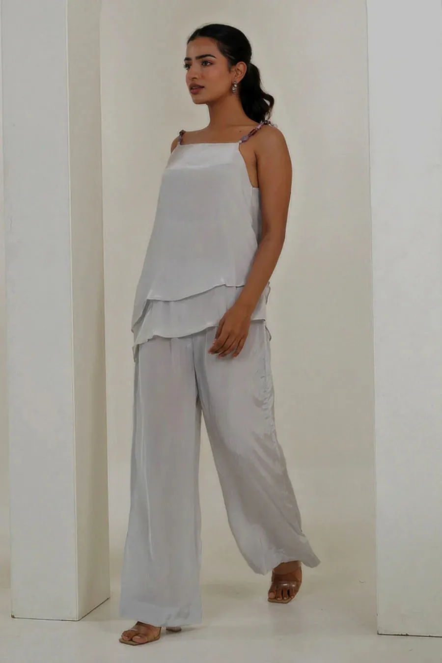 Off-White Gemstone Layered Top & Pant Co-Ord Set