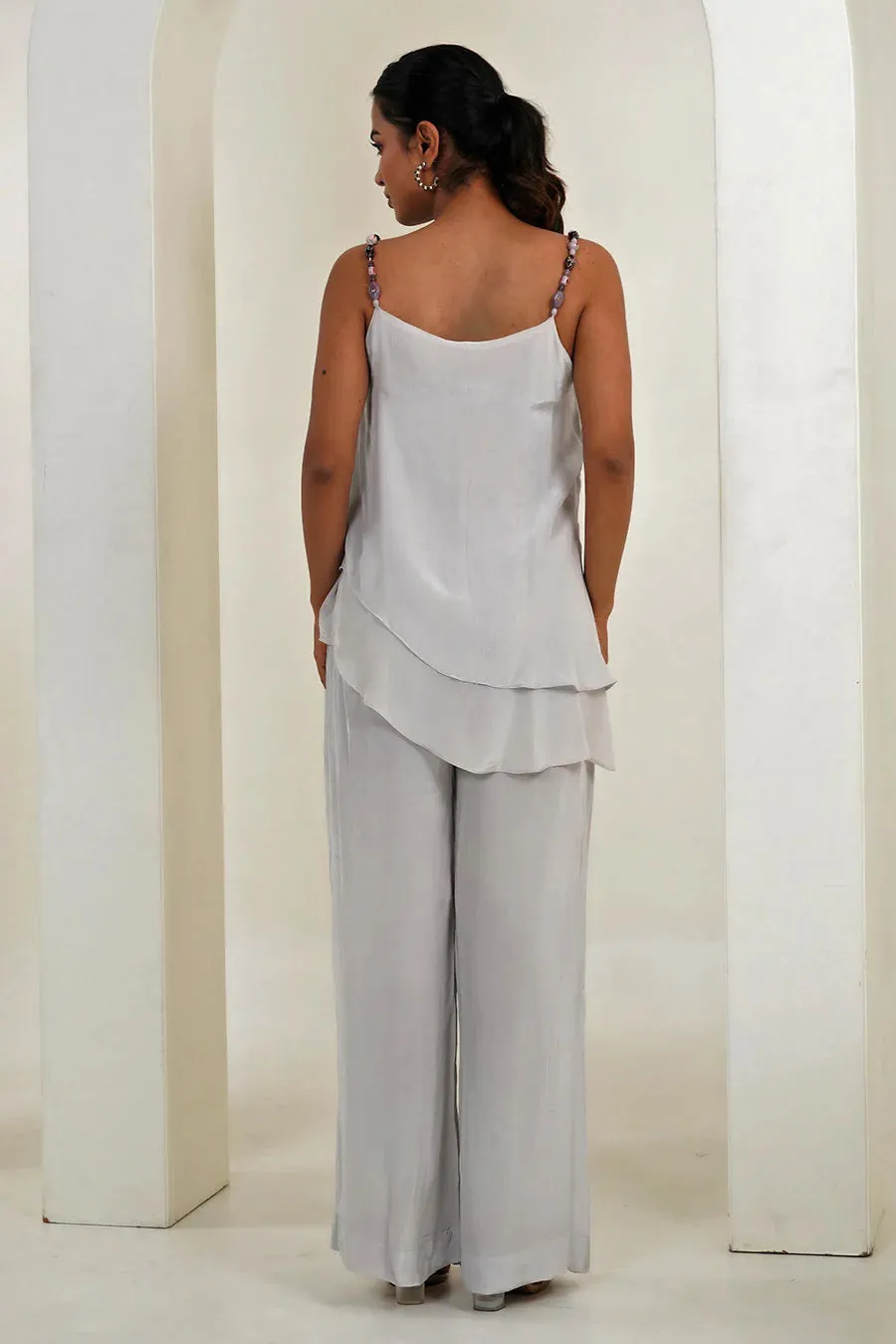 Off-White Gemstone Layered Top & Pant Co-Ord Set