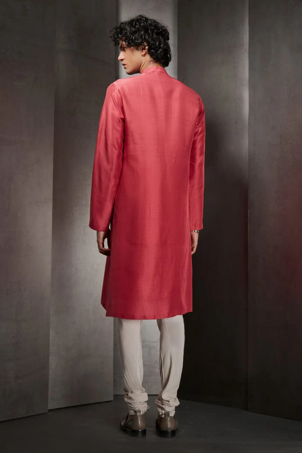 Red Silk Kurta With Hand-Embroidered Yoke